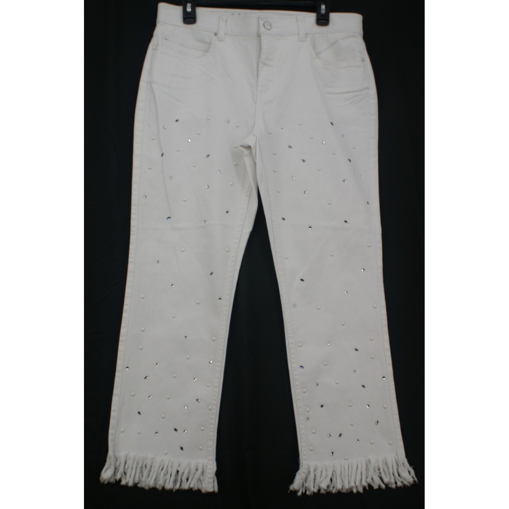 Rafaella Weekend White Embellished Fringe Hem Slimming Jeans Womens 12 Pearl Gem